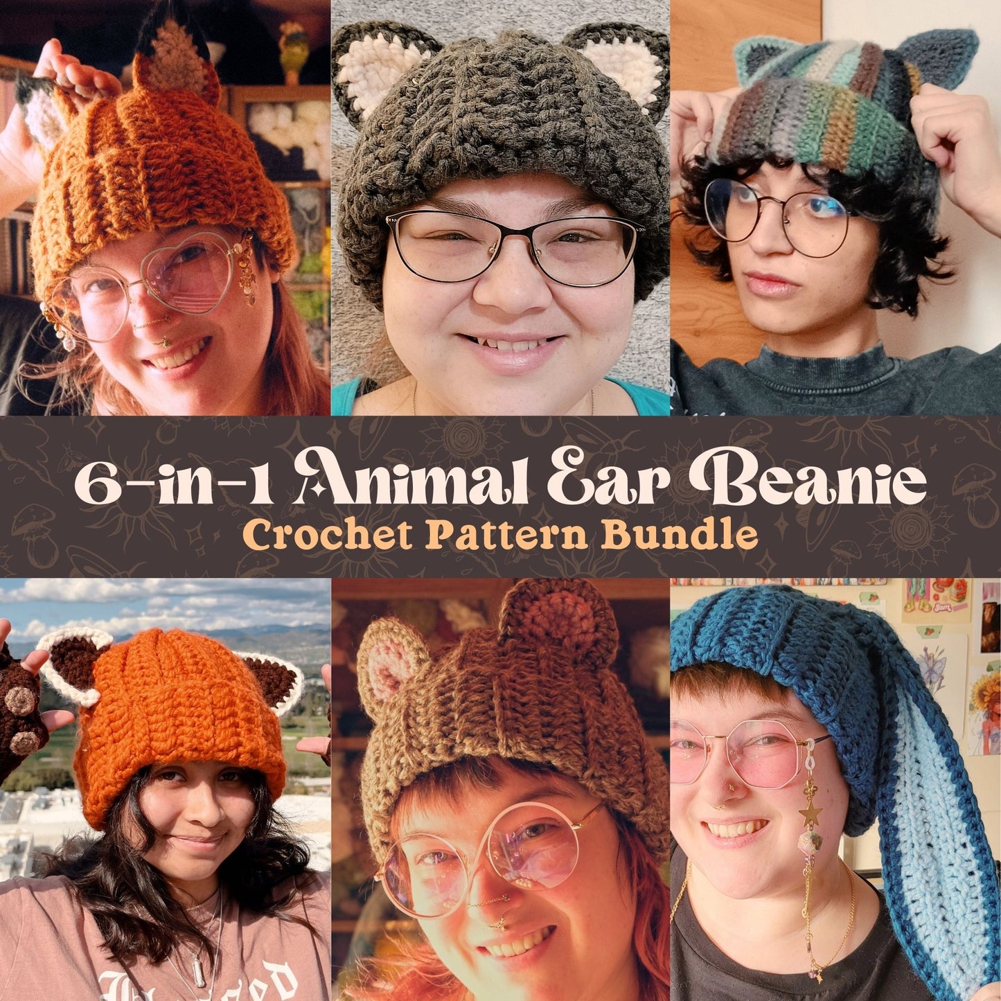 6-in-1 Animal Ear Beanie Crochet Pattern Bundle