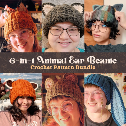 6-in-1 Animal Ear Beanie Crochet Pattern Bundle