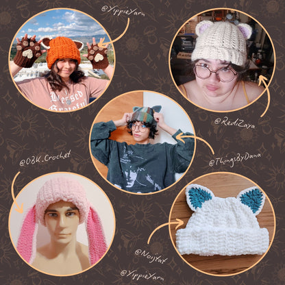 6-in-1 Animal Ear Beanie Crochet Pattern Bundle