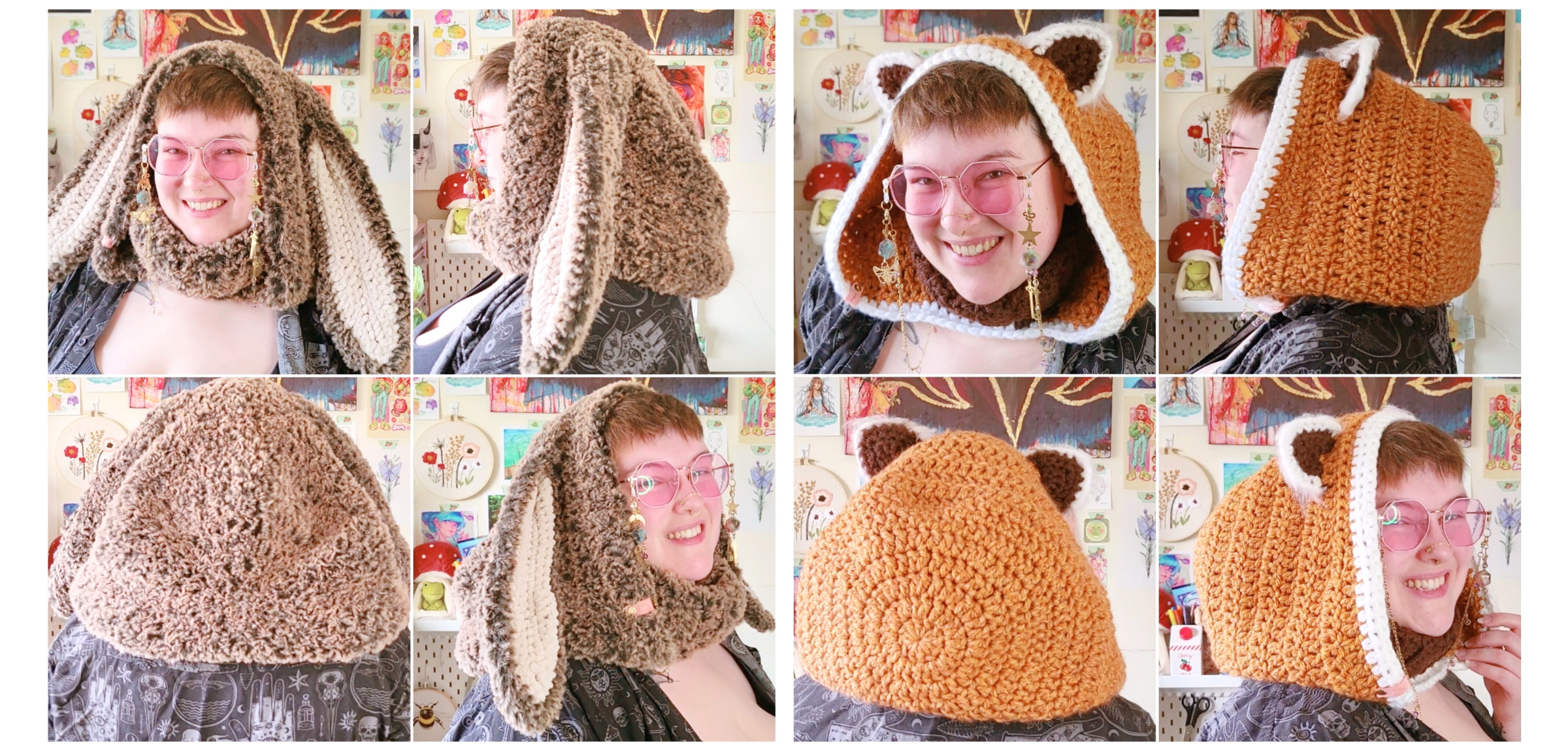 8 photos of Rayn wearing two different animal ear hoods and showing them from different angles.